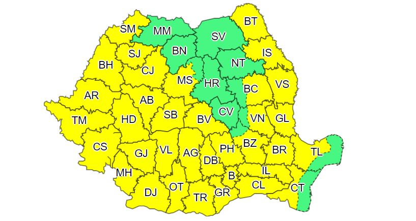 Cod galben în România. Sursă: ANM