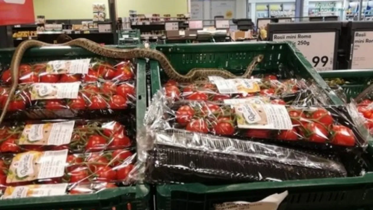 Caz șocant într-un supermarket! Un șarpe de un metru a fost găsit între rafturile de fructe/legume