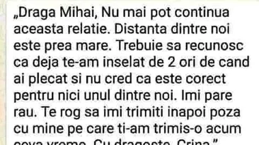 Bancul Zilei | Dragă Mihai, nu mai pot continua această relație. Trebuie să recunosc că..