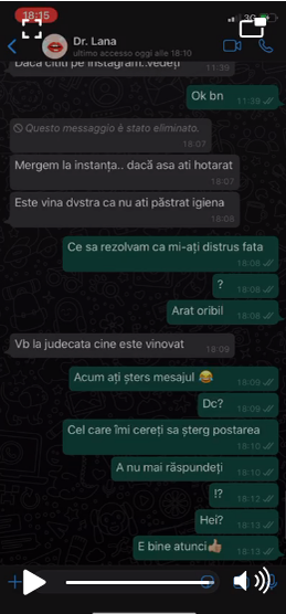 Discuția purtată de Simona cu un reprezentant al clinicii unde a suferit intervenția