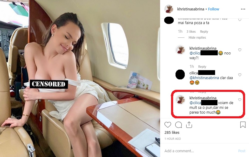 Barbie de România a pozat topless într-un avion de lux. Ce răspuns i-a dat unei prietene care i-a lăsat un comentariu sincer