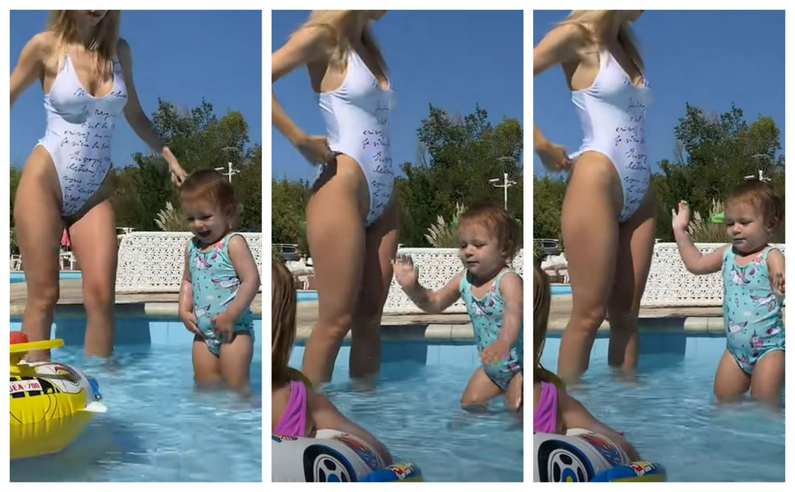 Andreea Bălan, gafă în timp ce se afla la piscină cu fiicele. I s-au văzut zonele intime prin costumul de baie alb și decupat | VIDEO
