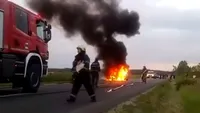 O mașină a luat foc pe autostrada București-Pitești