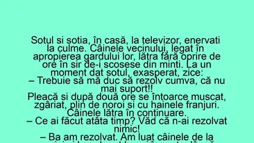 BANC | Soțul și nevasta stau în casă, la televizor, enervați la culme de câinele vecinilor