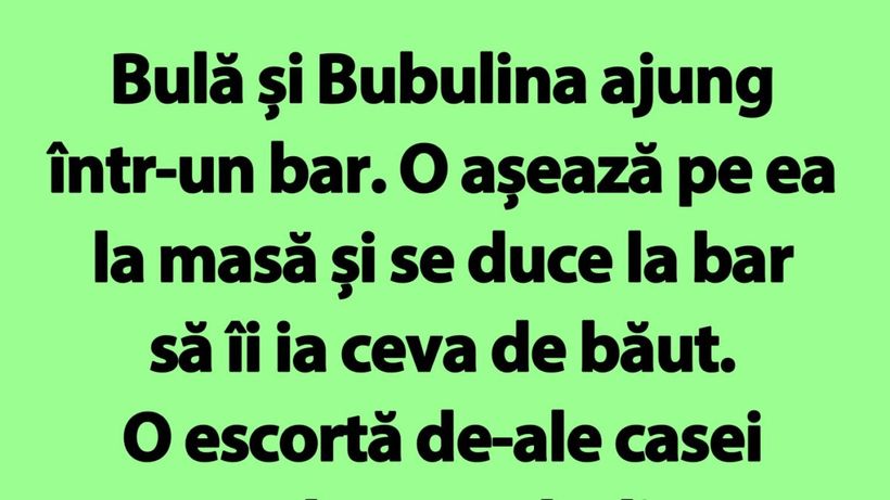 Bancul de marți | Bulă și Bubulina ajung într-un bar. O așează pe ea la masă și se duce la bar să îi ia ceva de băut
