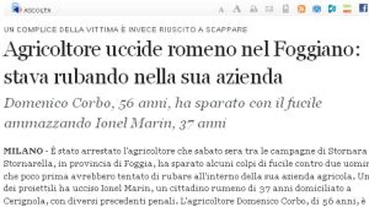 Un roman a fost impuscat mortal in Italia de proprietarul fermei pe care voia sa o jefuiasca
