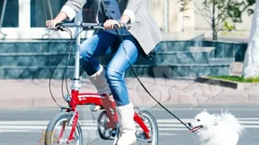 Diana Dumitrescu se plimba cu bicicleta si cu cainele in acelasi timp