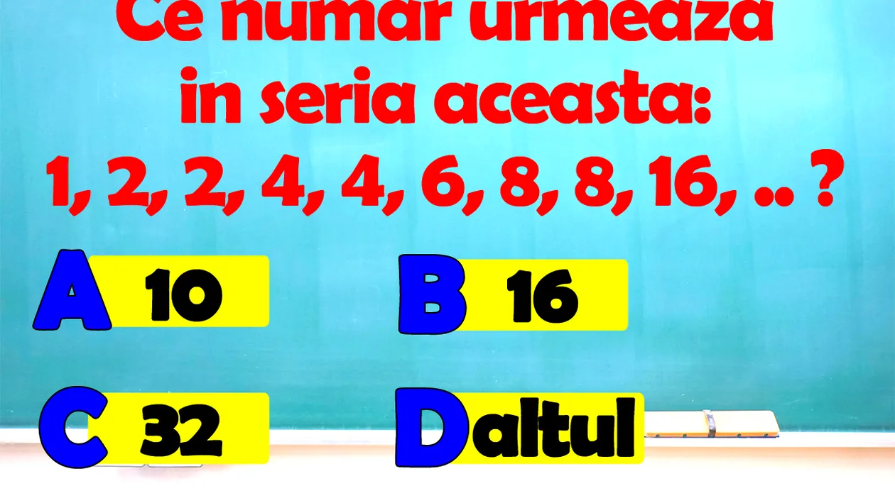 Testul IQ cu 10 întrebări foarte dificile | Prima: Ce număr urmează în seria 1, 2, 2, 4, 4, 6, 8, 8, 16?