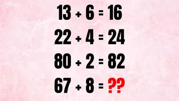 TEST IQ | Dacă 13+6=16, 22+4=24, 80+2=82, atunci cât face 67 + 8 = ?