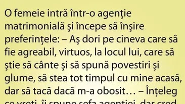 BANC | O femeie intră într-o agenție matrimonială