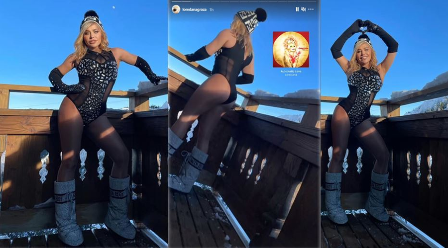 Loredana Groza s-a pozat în balconul camerei de la hotel în timp ce era îmbrăcată cu un body transparent, acoperit cu câteva pietre strălucitoare și având cizme în picioare © Facebook / Instagram Stories