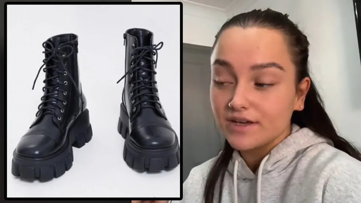 Tânăra din imagine a comandat online această pereche de bocanci. Ireal ce i-a adus curierul acasă, de fapt