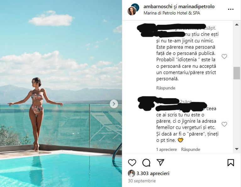 Ana Maria Barnoschi, taxată aspru pentru apariția la piscină. Un fan, nemulțumit de câte vergeturi are