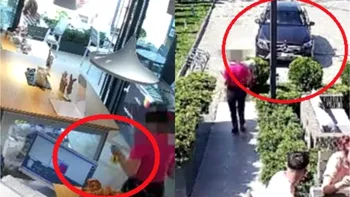 Momentul în care o femeie cu un Mercedes de zeci de mii de euro fură o pușculiță cu 20 de lei dintr-o cofetărie din Sibiu. VIDEO