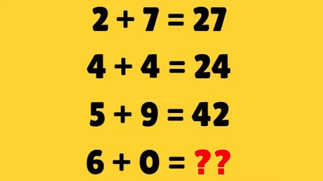 Test de inteligență exclusiv pentru genii | Dacă 2+7=27, 4+4=24 și 5+9=42, cât fac 6+0?
