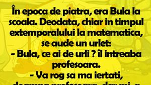 BANC | În epoca de piatră, era Bulă la școală. Deodată, chiar în timpul extemporalului la matematică, se aude un urlet